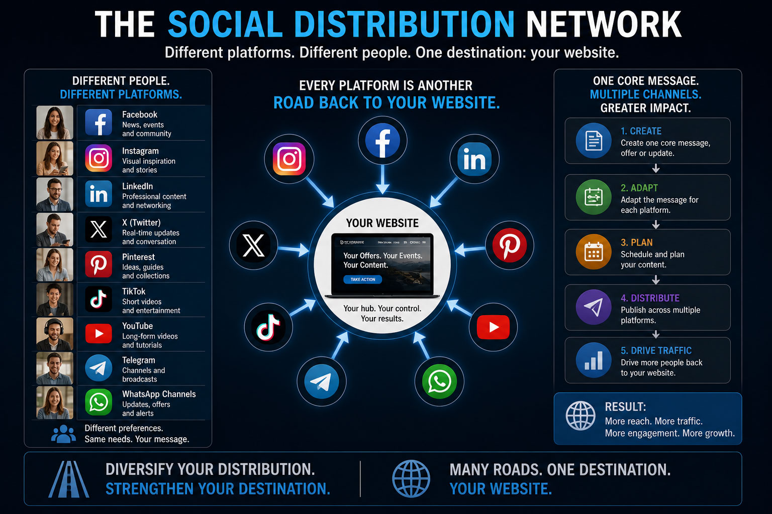 Multiple social media platforms sending visitors back to one company website as the central destination.
