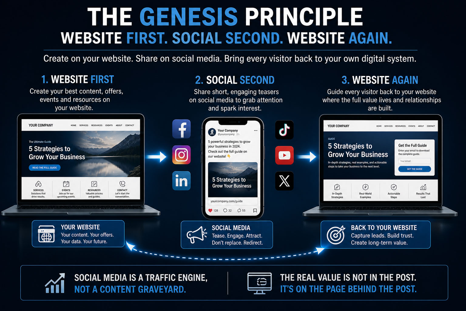 A three-step digital marketing flow showing website content shared on social media and visitors guided back to the company website.