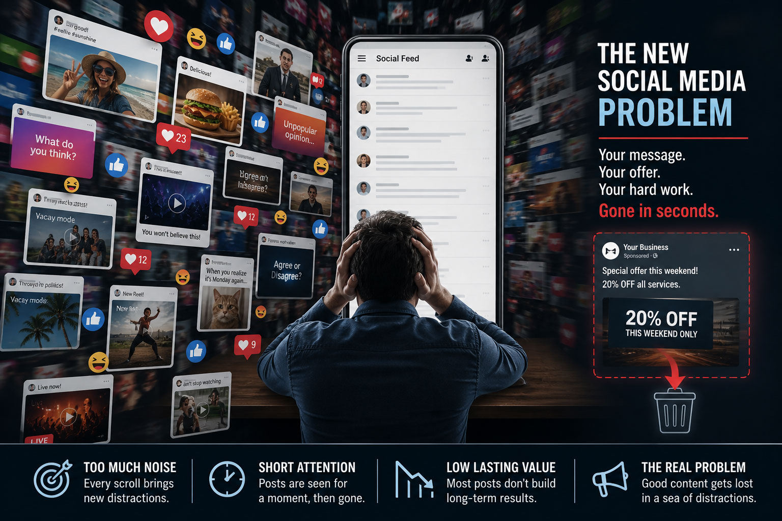 A crowded social media feed showing business offers getting lost among selfies, food posts, opinions, entertainment and distractions.