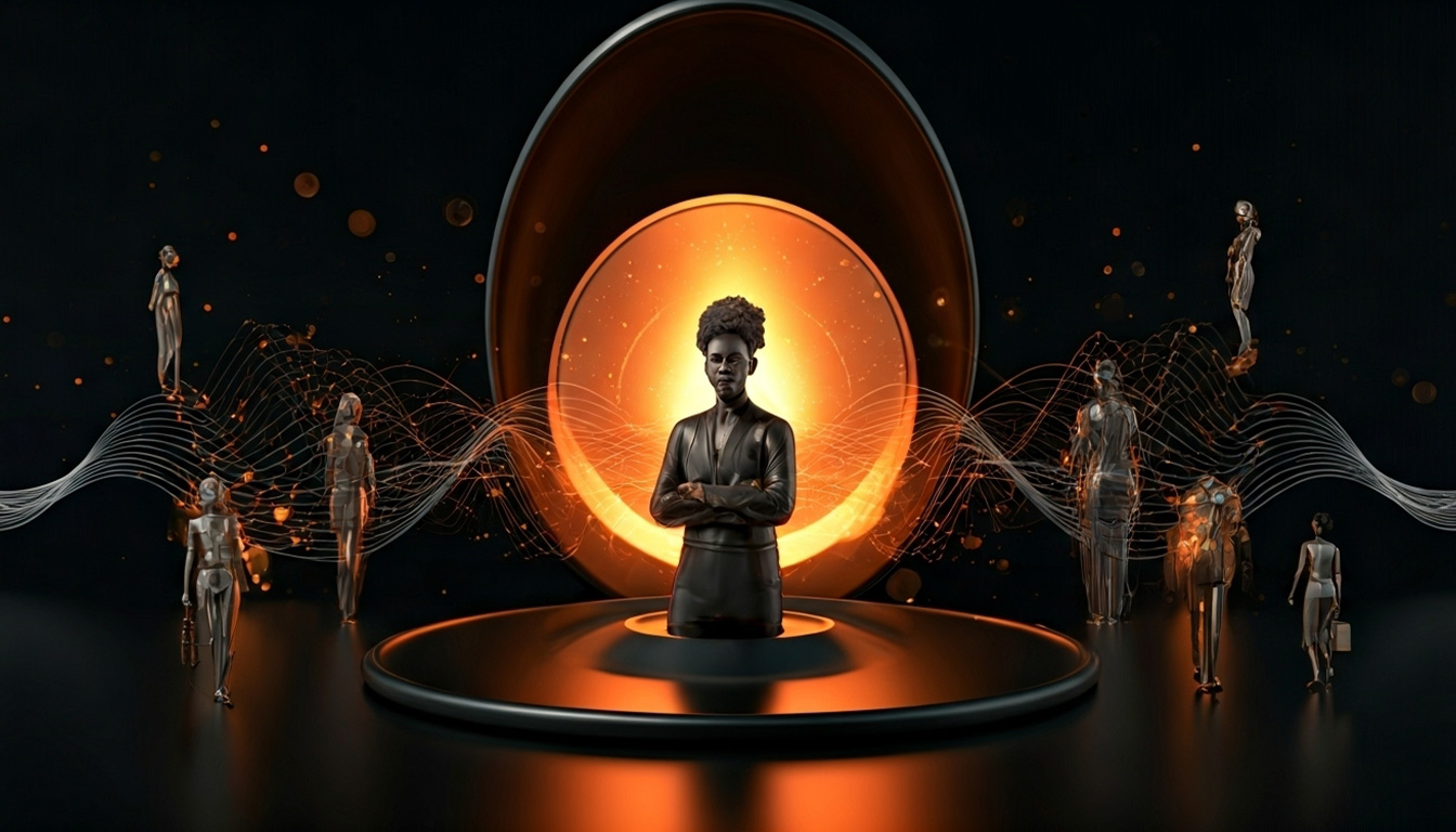 A futuristic business professional surrounded by digital network elements symbolizing efficiency, automation, and high performance — visualizing how MyBusiness.Team delivers maximum results with minimal cost.