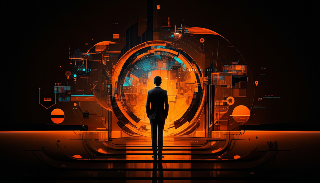 A futuristic business professional surrounded by digital network elements symbolizing efficiency, automation, and high performance — visualizing how MyBusiness.Team delivers maximum results with minimal cost.