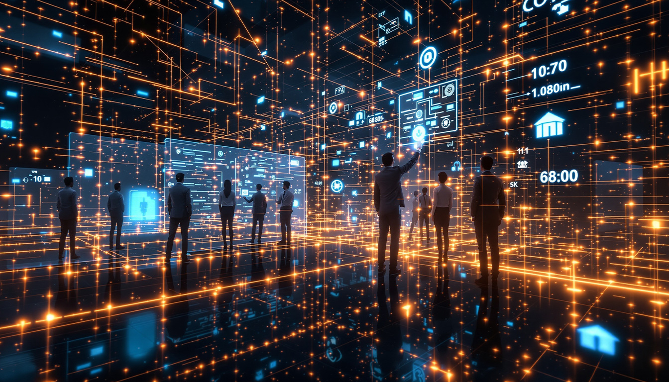A futuristic business team surrounded by glowing digital network lines and holographic data nodes, symbolizing how MyBusiness.Team works online to build visibility, digital footprints, and global presence through AI and smart technology.