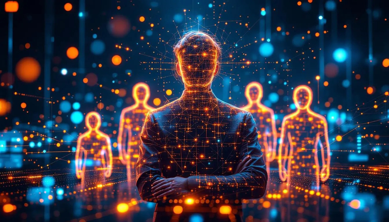 A confident entrepreneur standing in a glowing digital network symbolizing teamwork, innovation, and business efficiency – modern black and orange design by MyBusiness.Team.