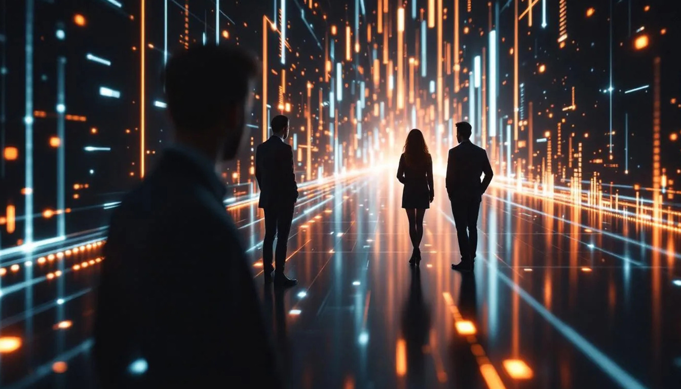 Three business professionals — one male and two female — standing in a glowing digital tunnel made of orange and blue neon light lines, symbolizing focus, teamwork, and innovation in technology for MyBusiness.Team.