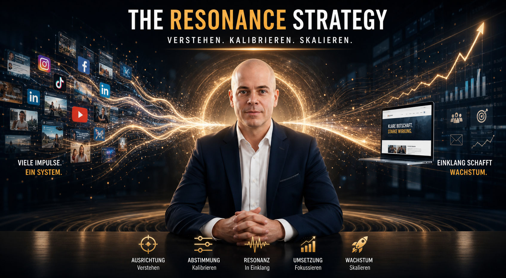 A business strategist standing in a digital resonance field where scattered marketing signals align into one focused growth system.
