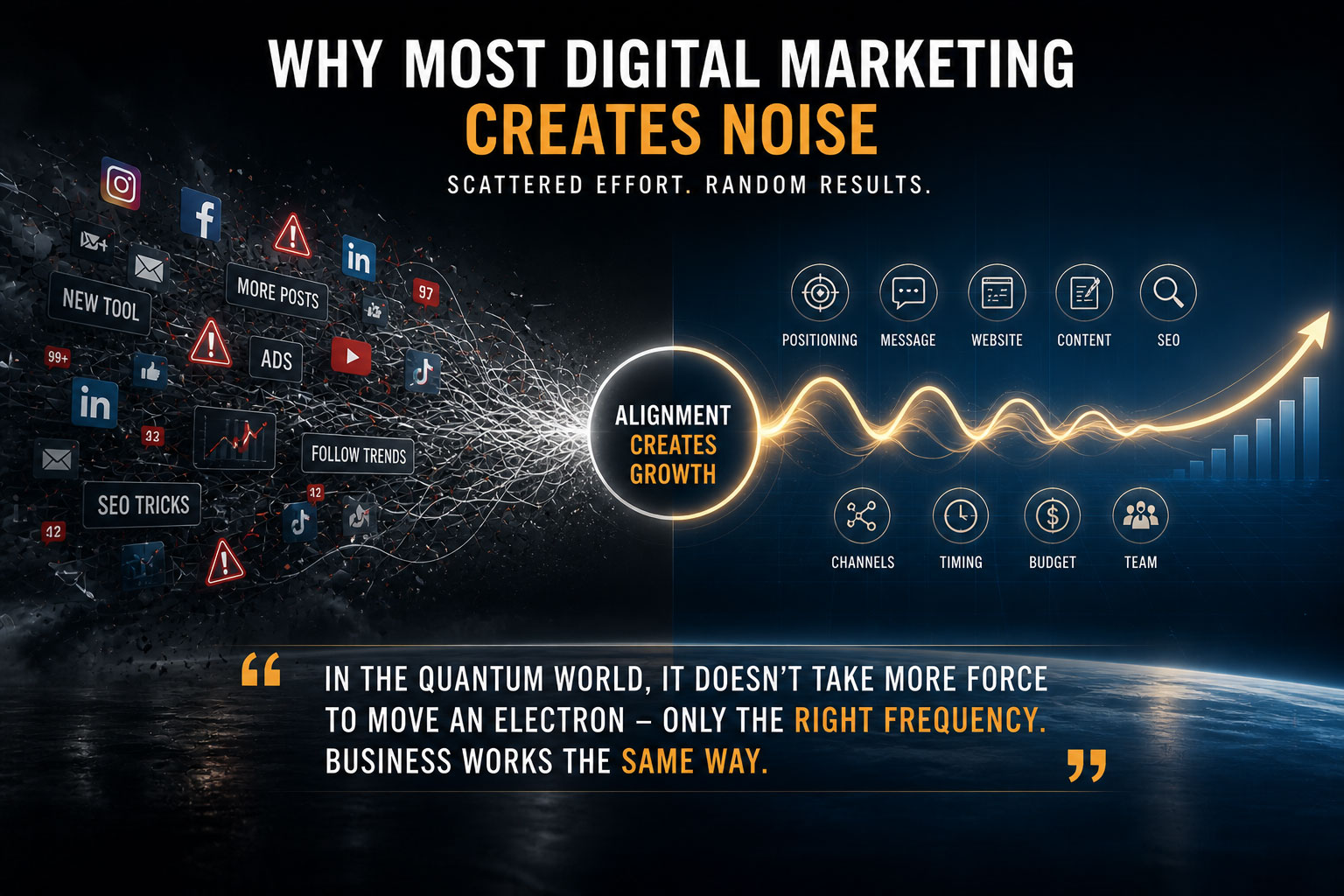 A digital marketing concept image showing scattered social media, ads, SEO and tools turning into one aligned growth system.